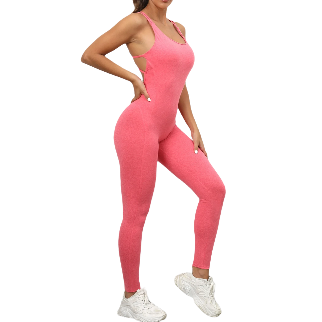 Xooie Fit women's one-piece activewear in pink with stylish crisscross back design