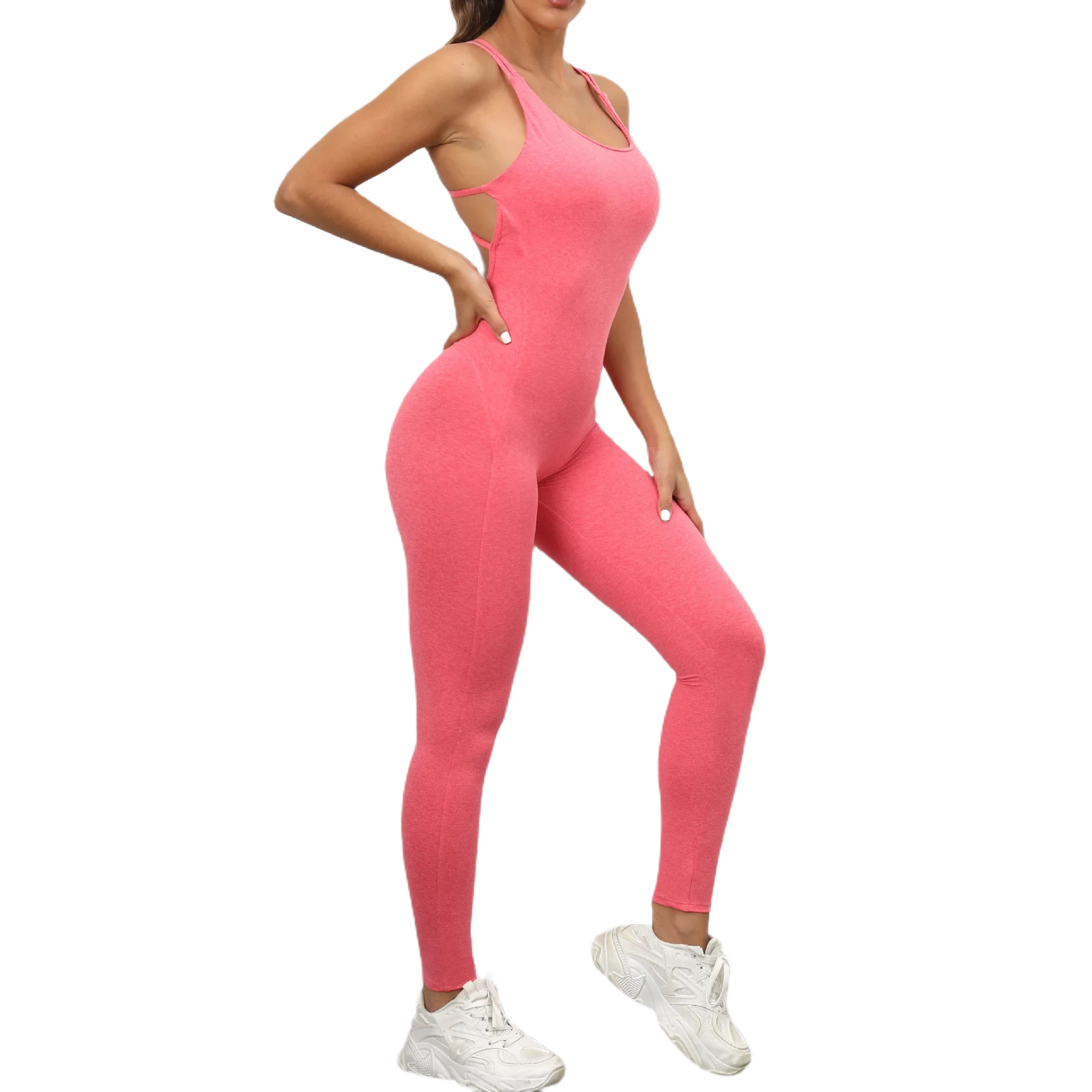 Xooie Fit women's one-piece activewear in pink with stylish crisscross back design