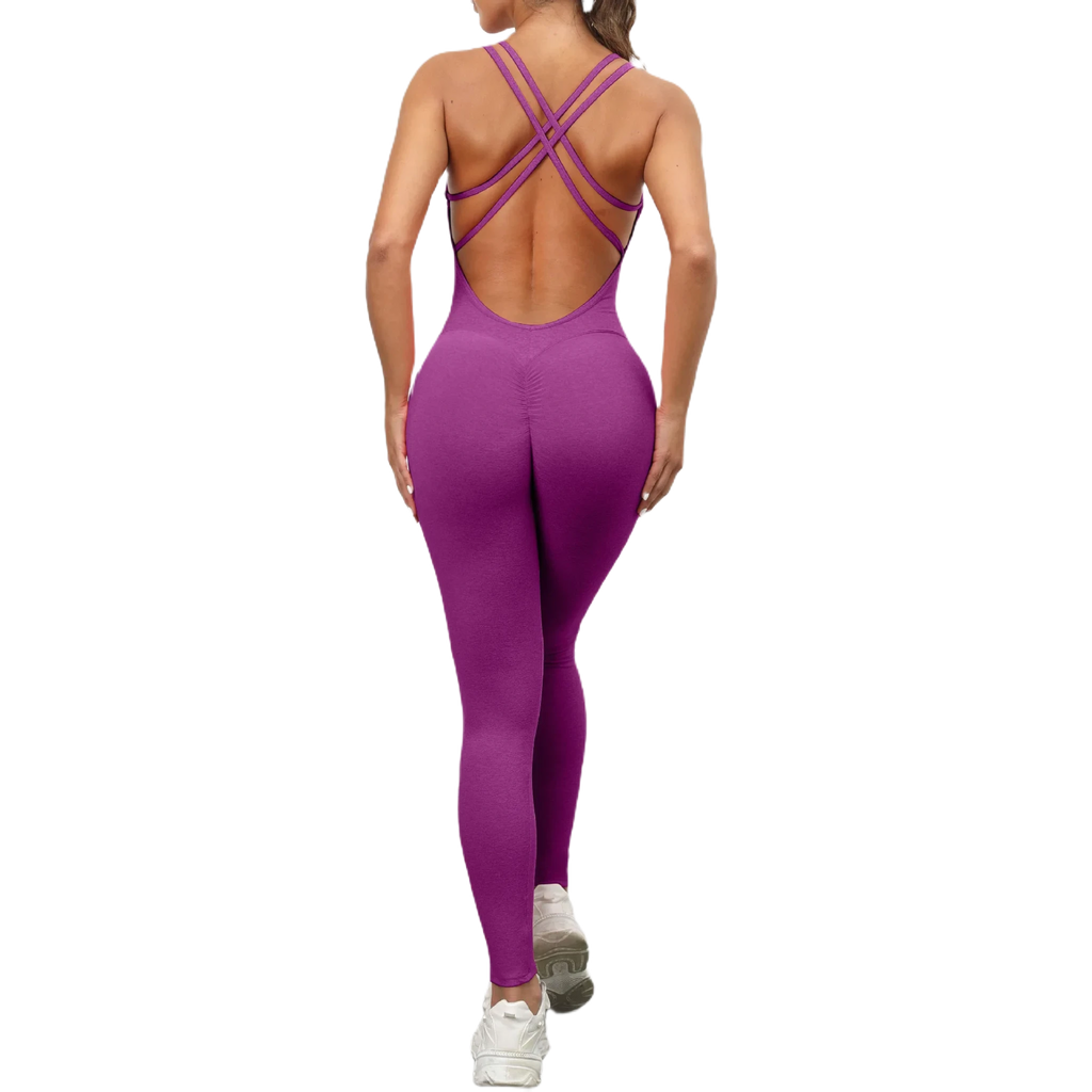 Xooie Fit women's one-piece activewear in purple with stylish crisscross back design back side