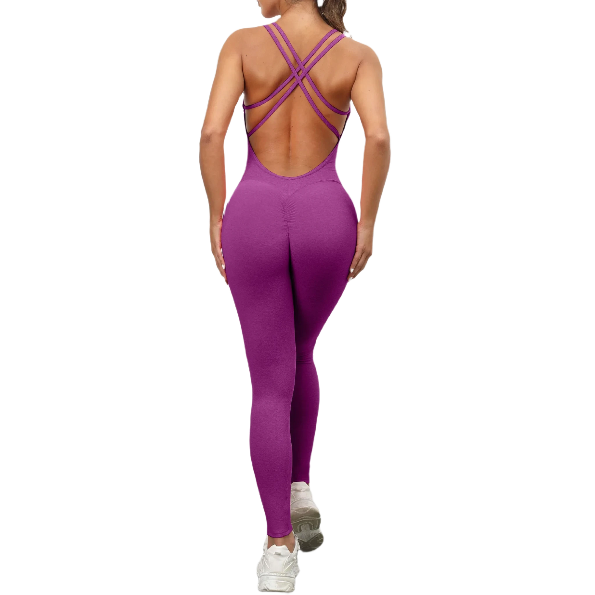 Xooie Fit women's one-piece activewear in purple with stylish crisscross back design back side