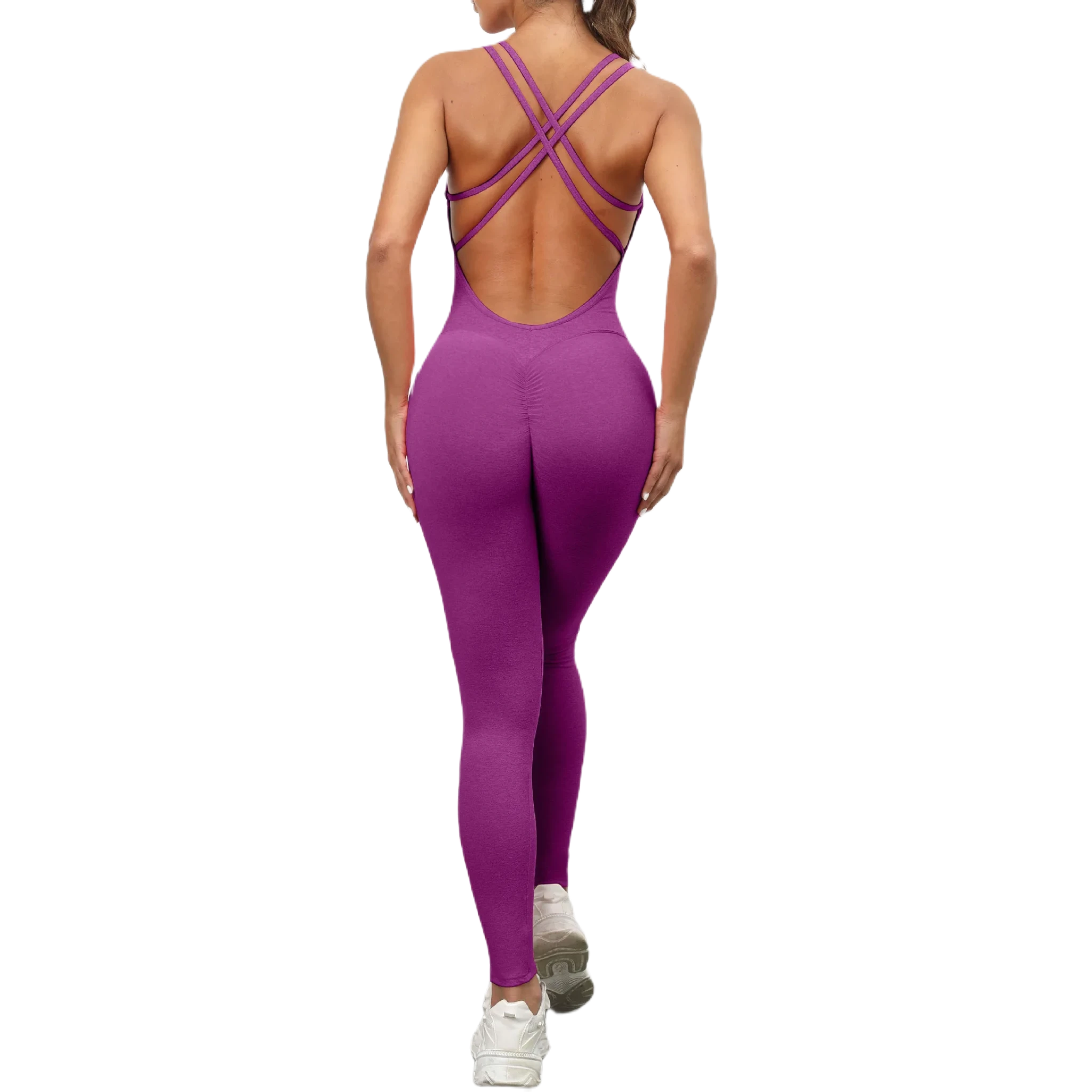 Xooie Fit women's one-piece activewear in purple with stylish crisscross back design back side