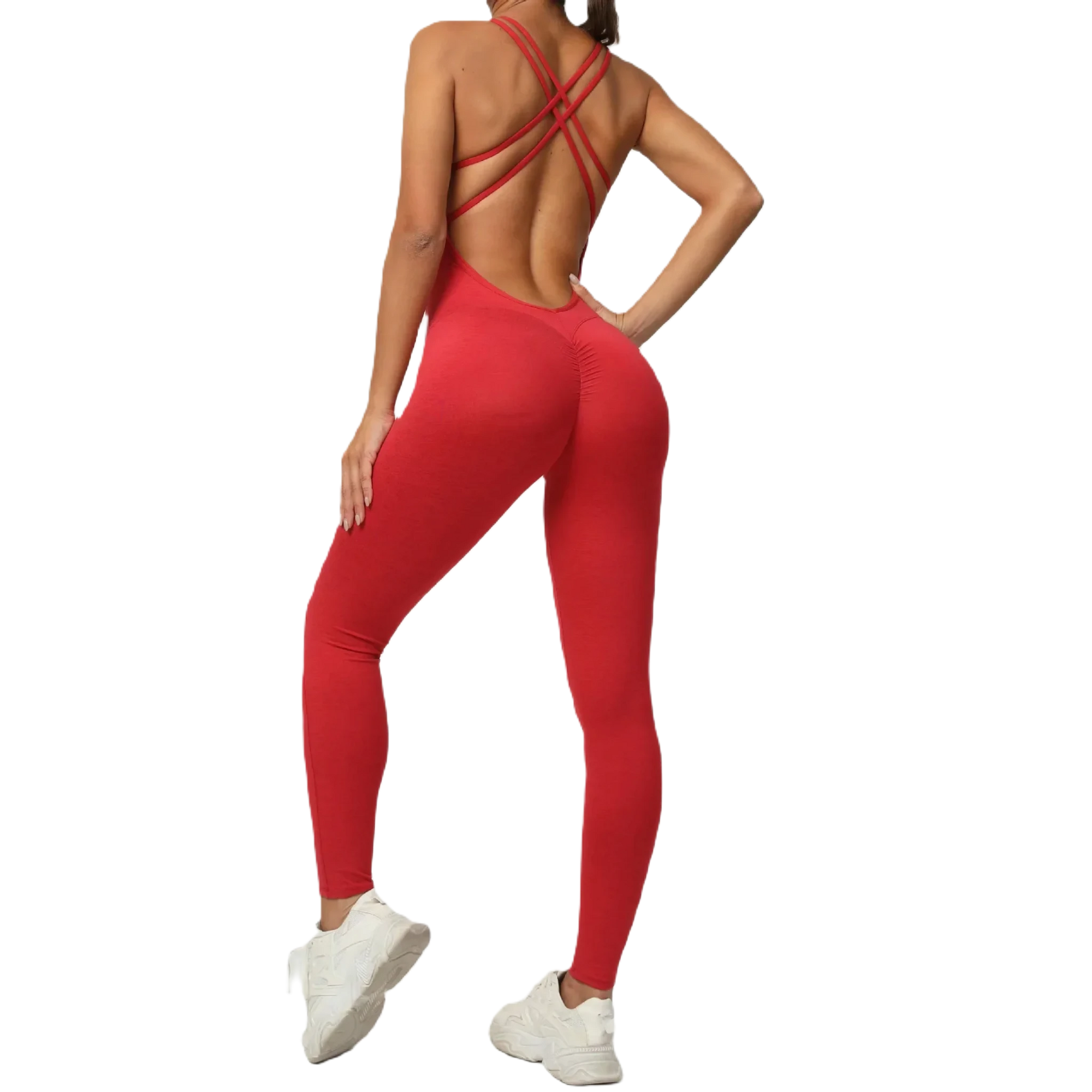 Xooie Fit women's one-piece activewear in red with stylish crisscross back design