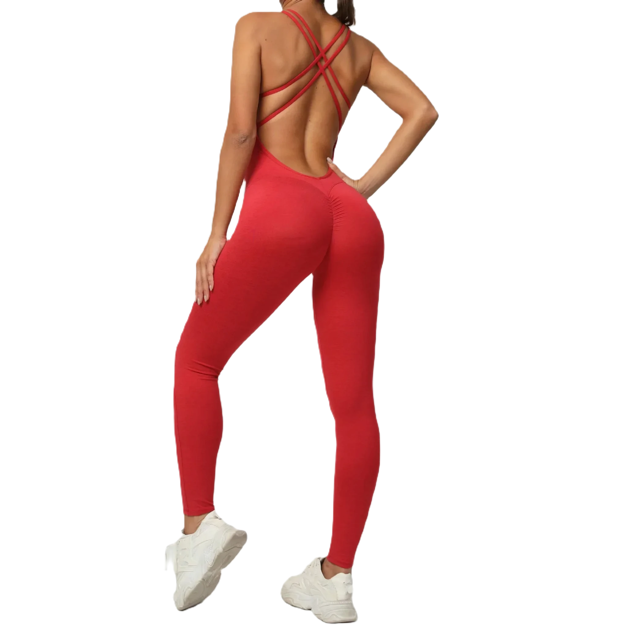 Xooie Fit women's one-piece activewear in red with stylish crisscross back design
