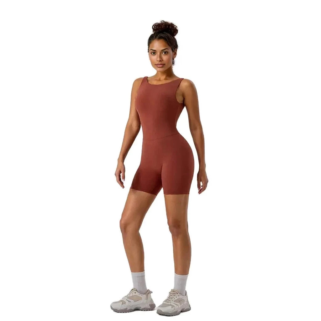 Xooie Fit women's tank bodysuit in rust color with a fitted design and shorts for active wear