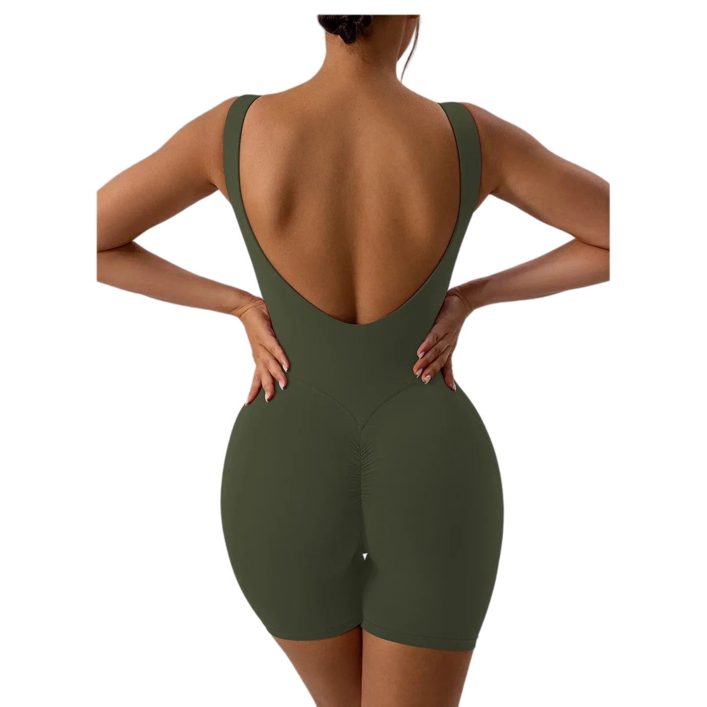 Xooie Fit women's tank bodysuit in olive green featuring a stylish open back design