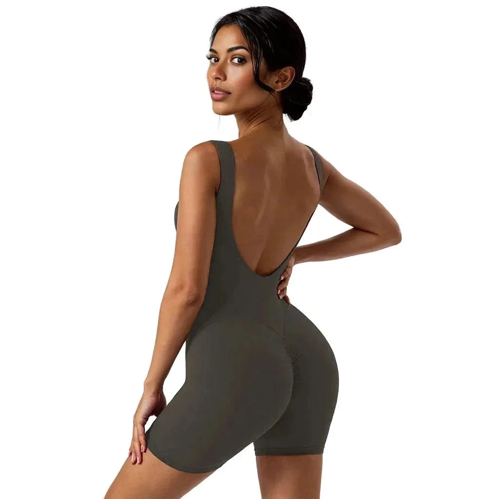 Xooie Fit women's tank bodysuit in olive green with a low back design for a stylish look