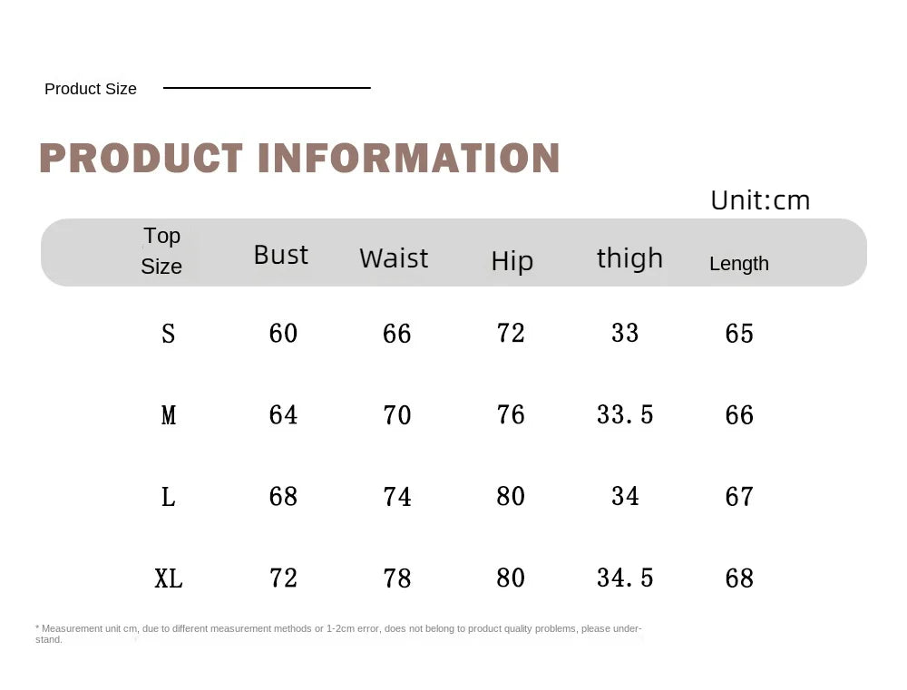 Xooie Fit women's tank bodysuit size chart showing bust, waist, hip, thigh, and length measurements
