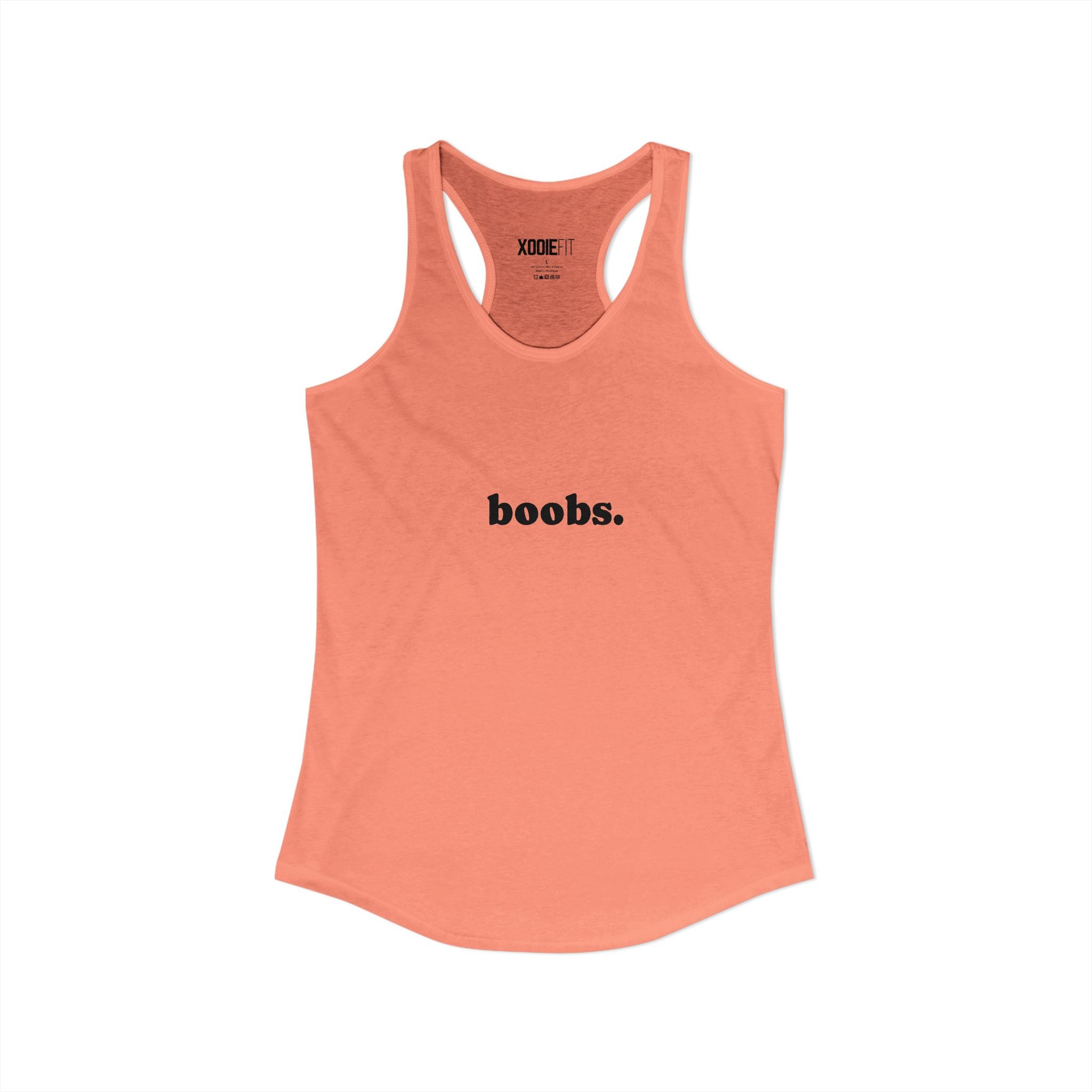 Womens tank top in coral with the text 'boobs' for casual and playful fashion