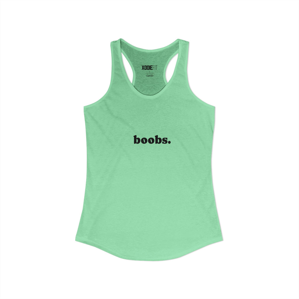 Women's racerback tank top in mint green with 'boobs.' graphic on front