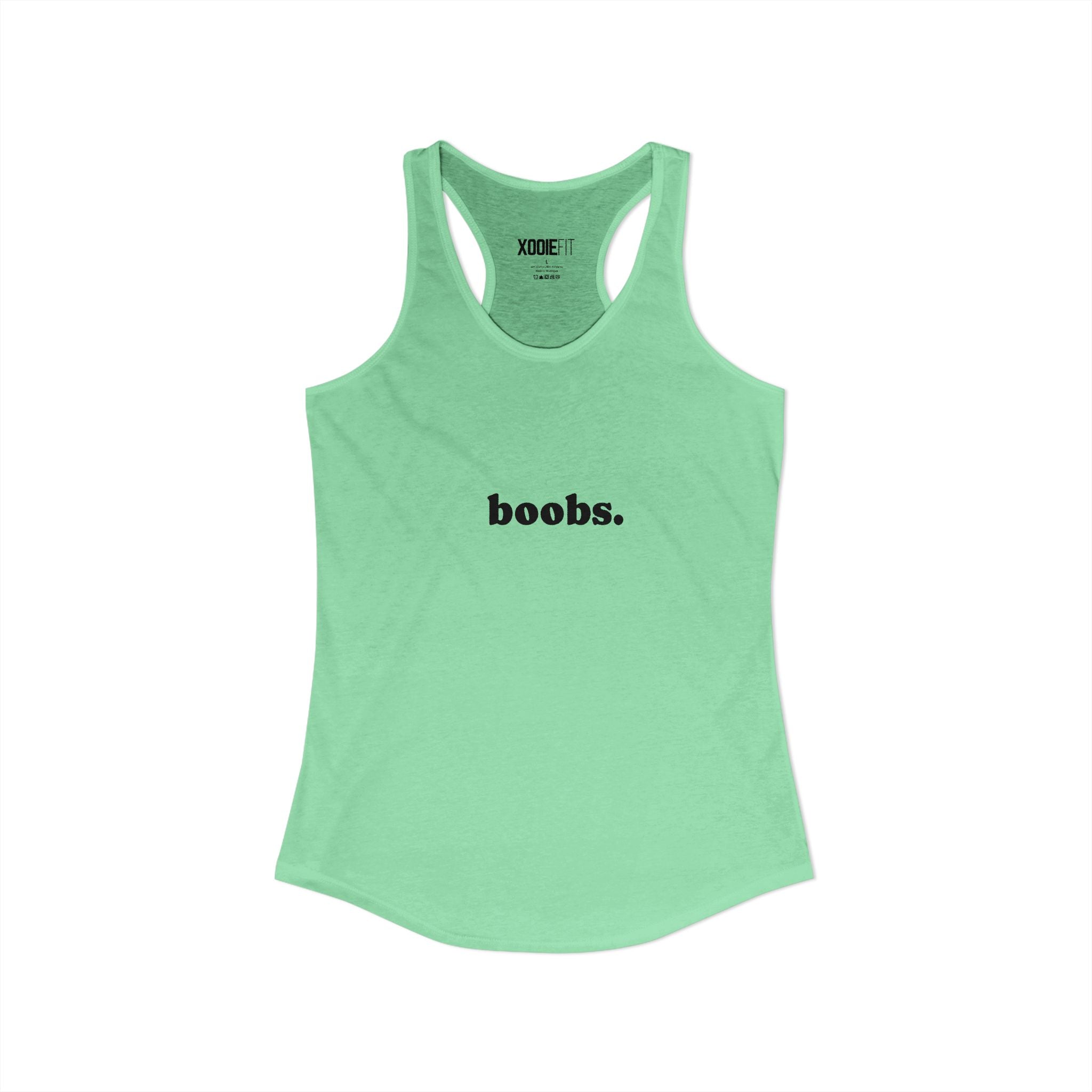 Women's racerback tank top in mint green with 'boobs.' graphic on front
