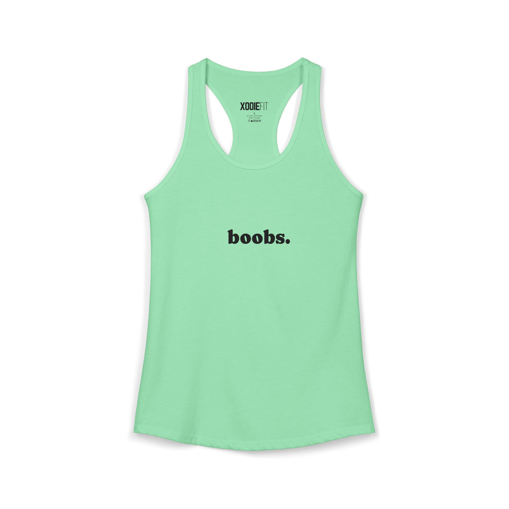 Mint Green womens tank top featuring a playful text design that reads 'boobs.'