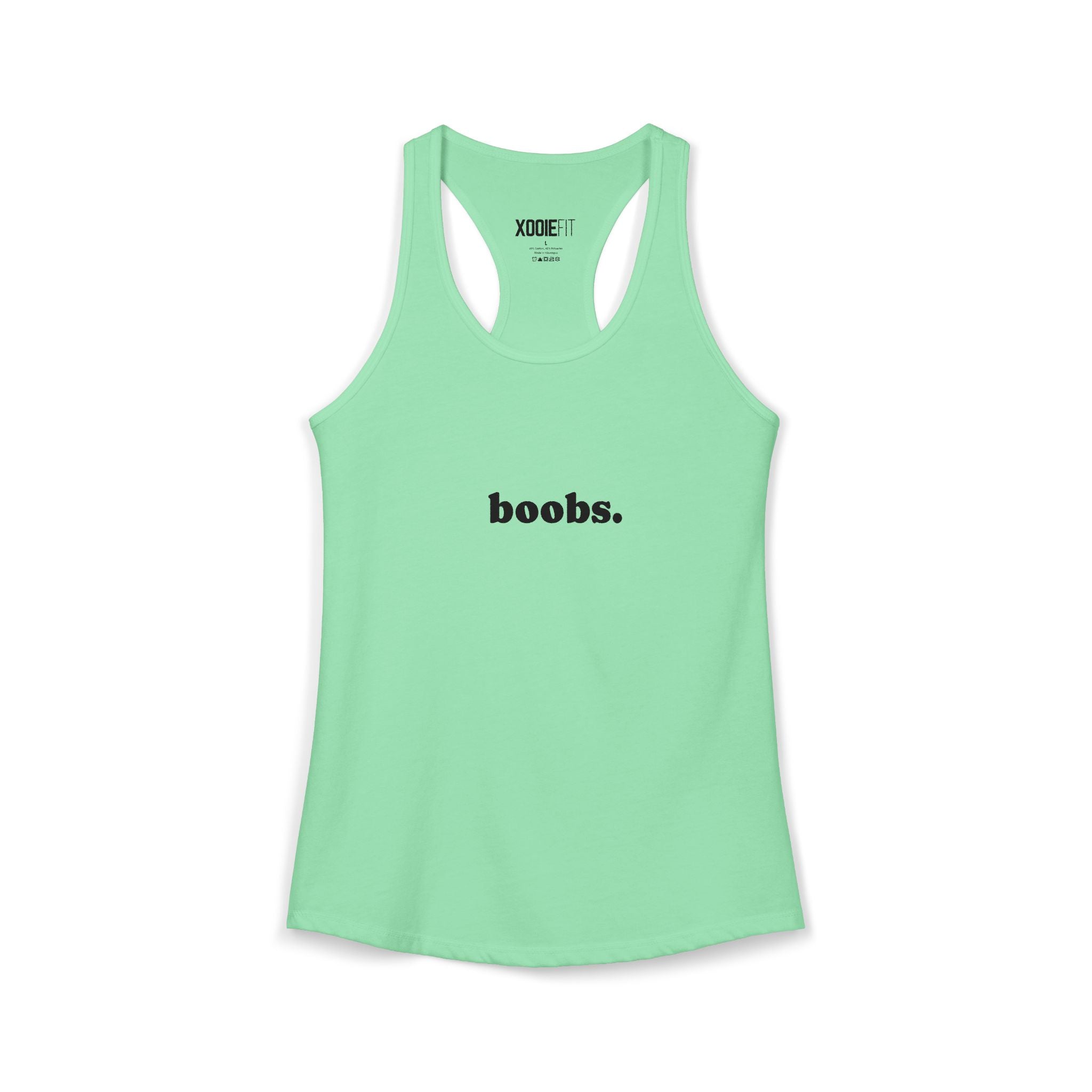Mint Green womens tank top featuring a playful text design that reads 'boobs.'