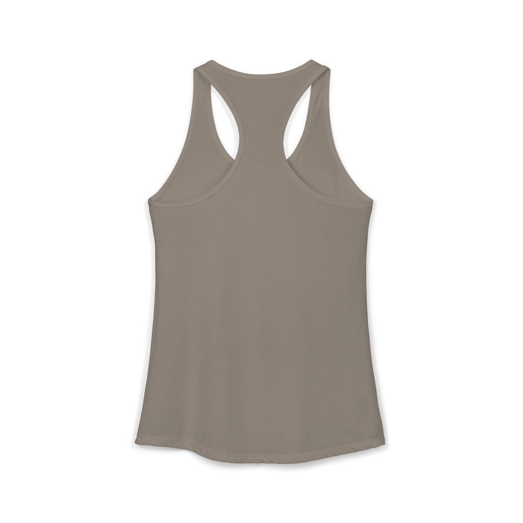 Back view of a women's tank top in taupe color with a racerback design