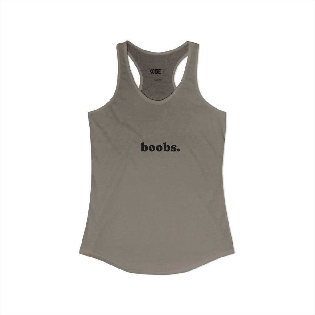 Stylish womens tank top in taupe with the word 'boobs.' featured prominently.