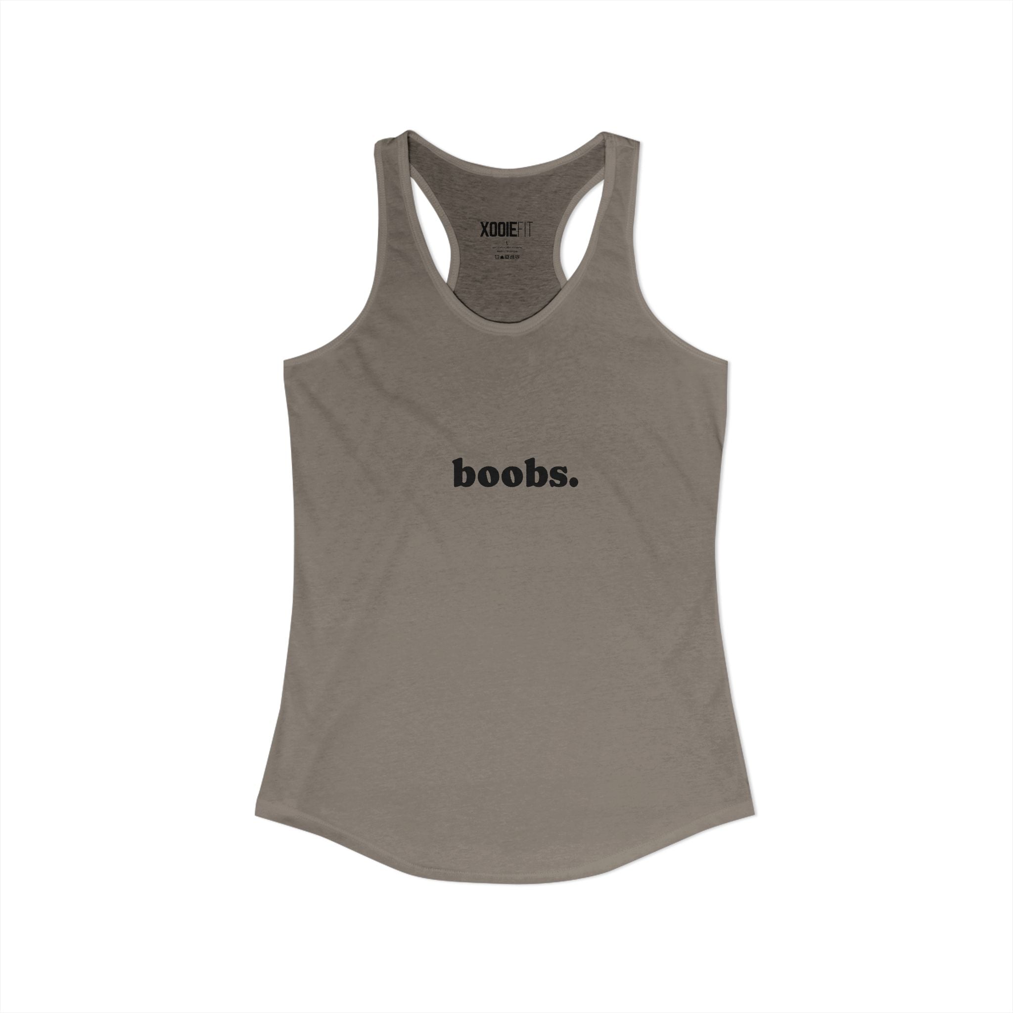 Stylish womens tank top in taupe with the word 'boobs.' featured prominently.