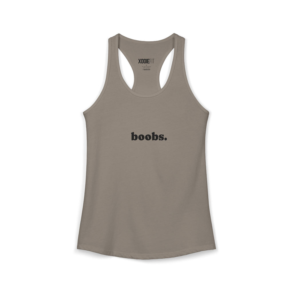 Womens tank top in taupe with a humorous text design reading 'boobs.' for casual wear