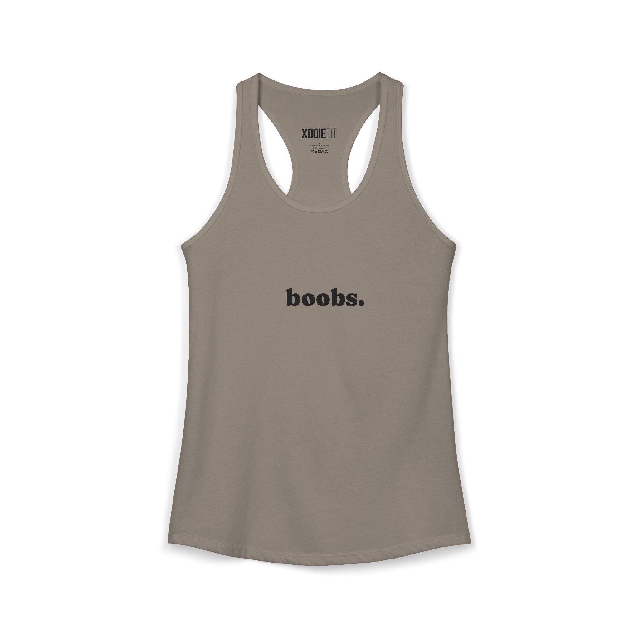 Womens tank top in taupe with a humorous text design reading 'boobs.' for casual wear
