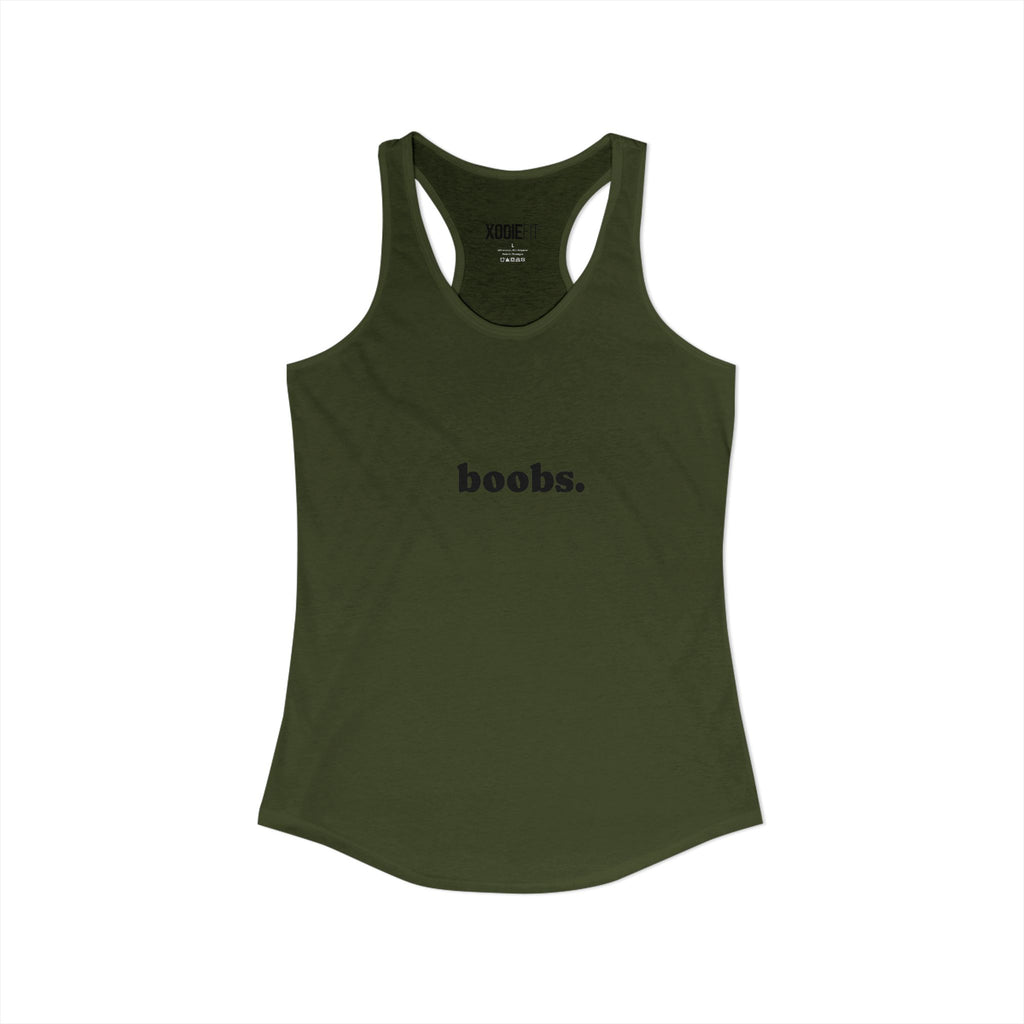 Olive Green womens tank top with a playful 'boobs.' graphic design for casual wear
