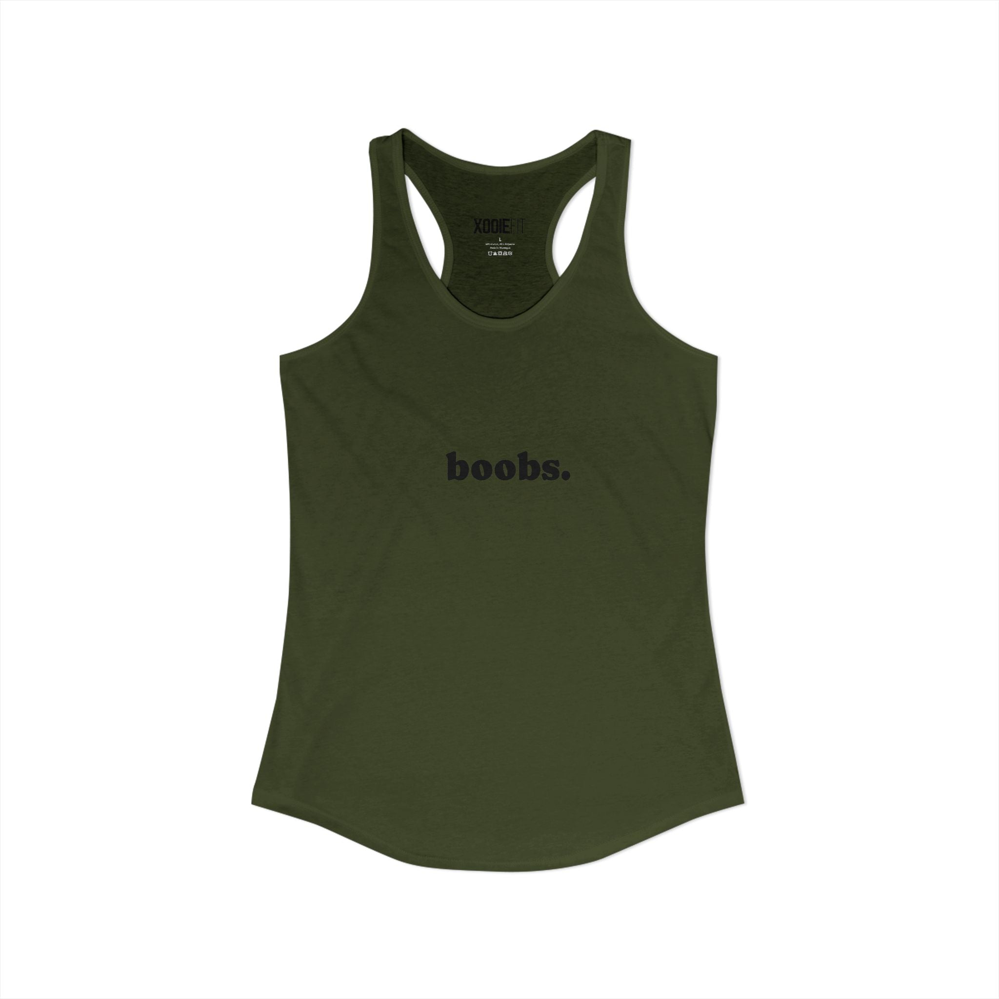 Olive Green womens tank top with a playful 'boobs.' graphic design for casual wear