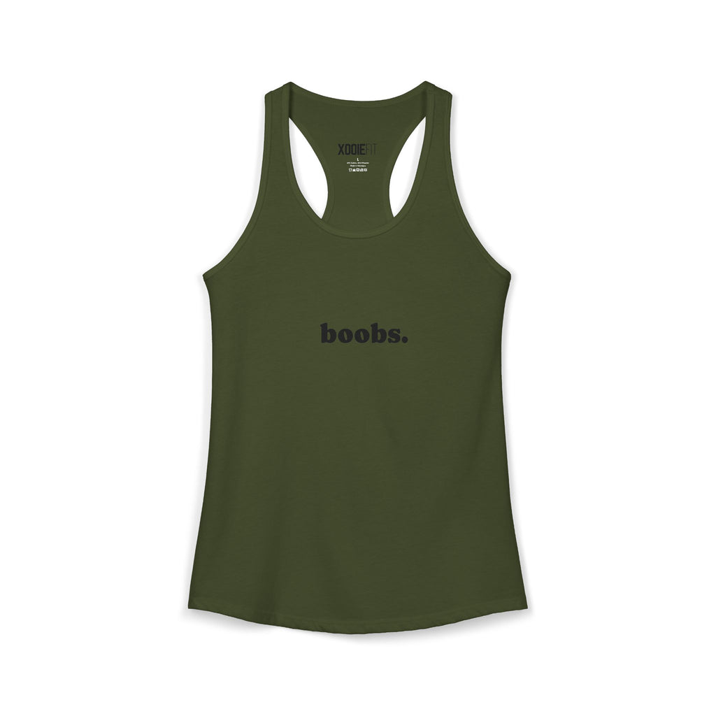 Olive green womens tank top with a fun graphic print saying 'boobs.' for casual wear