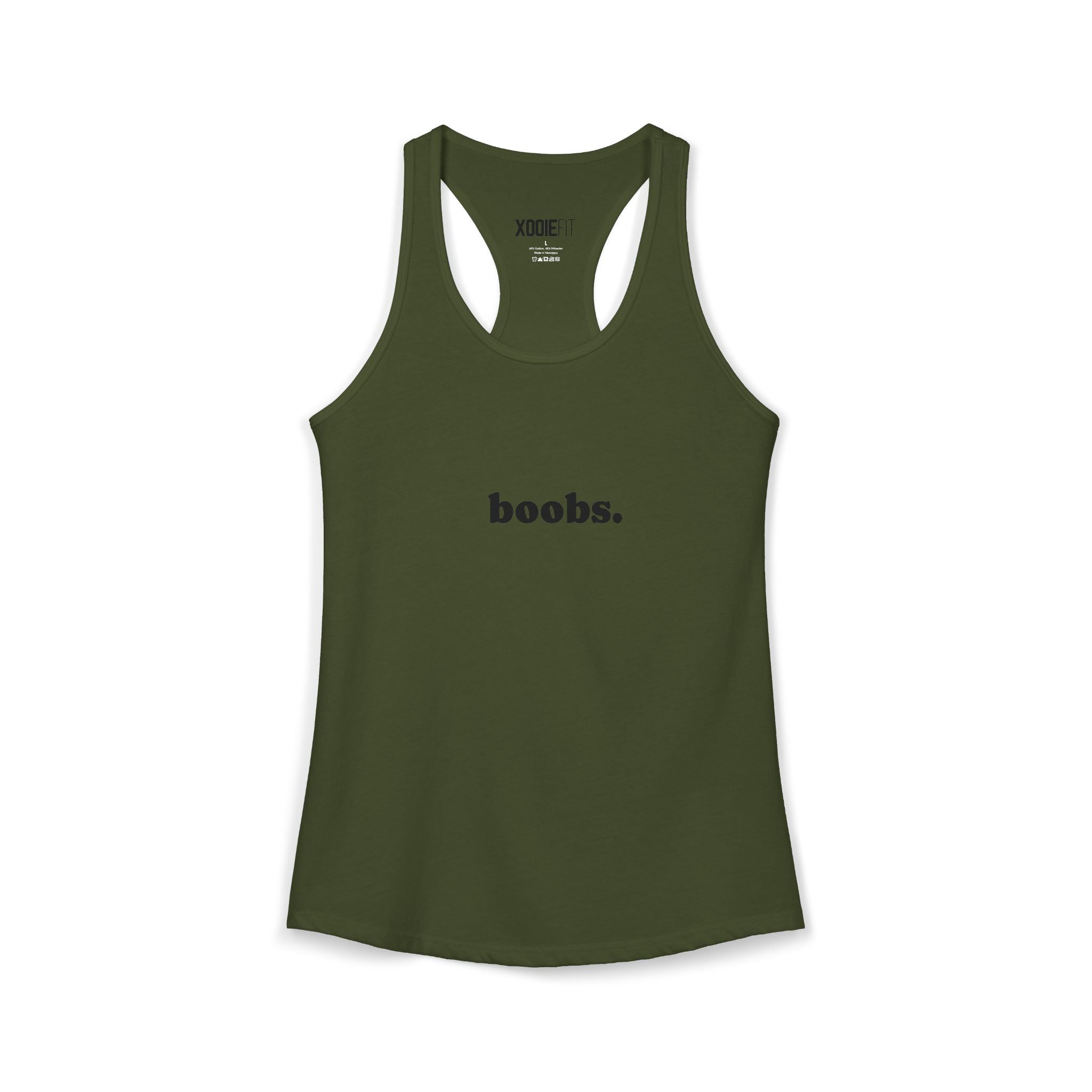 Olive green womens tank top with a fun graphic print saying 'boobs.' for casual wear
