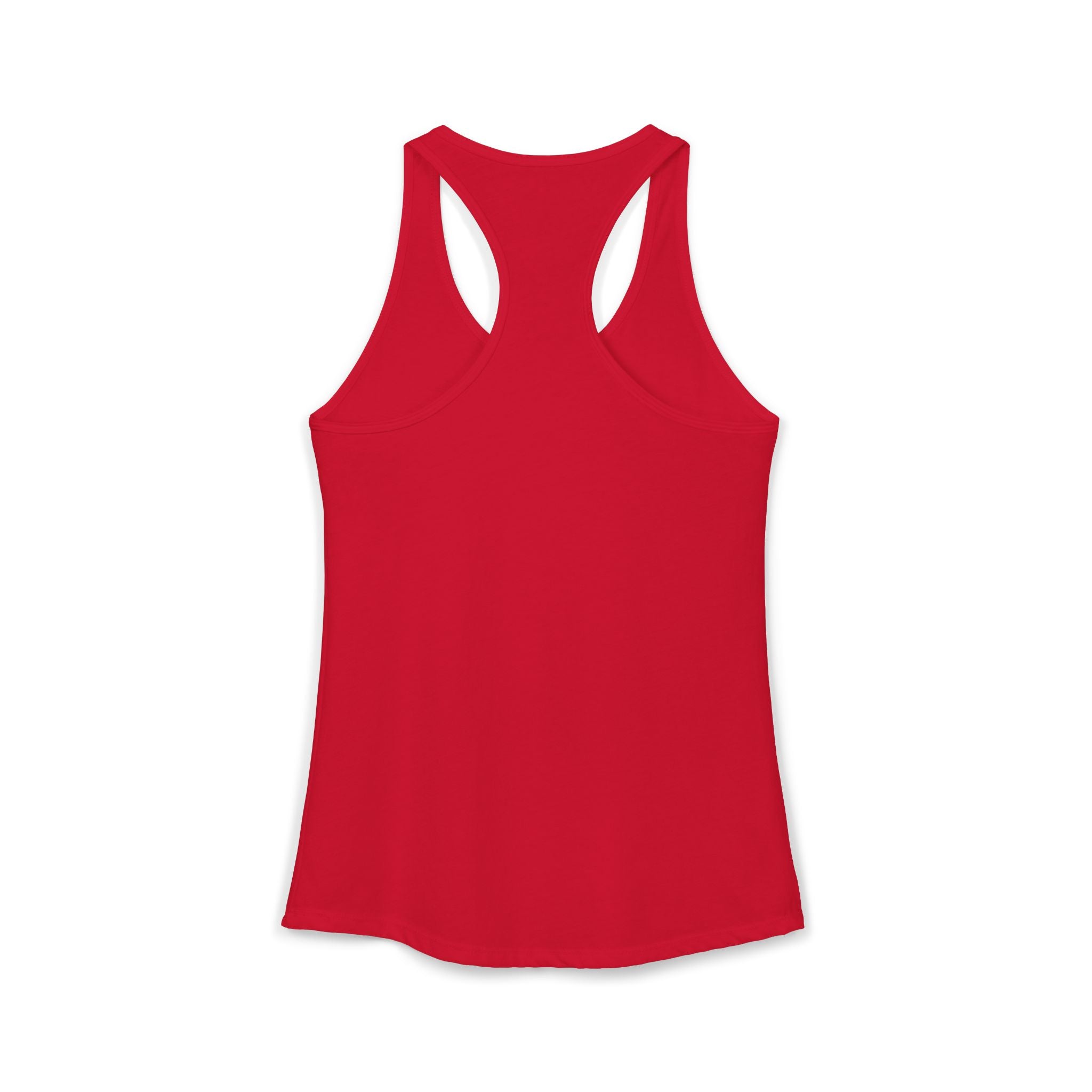 Women's red racerback tank top, front view with shoulder cutouts
