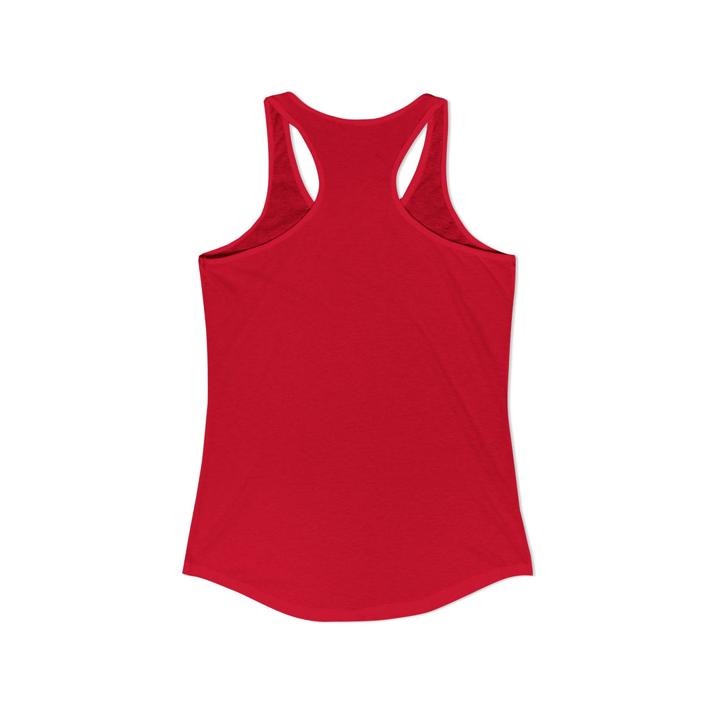 Women's red racerback tank top, back view with shoulder cutouts
