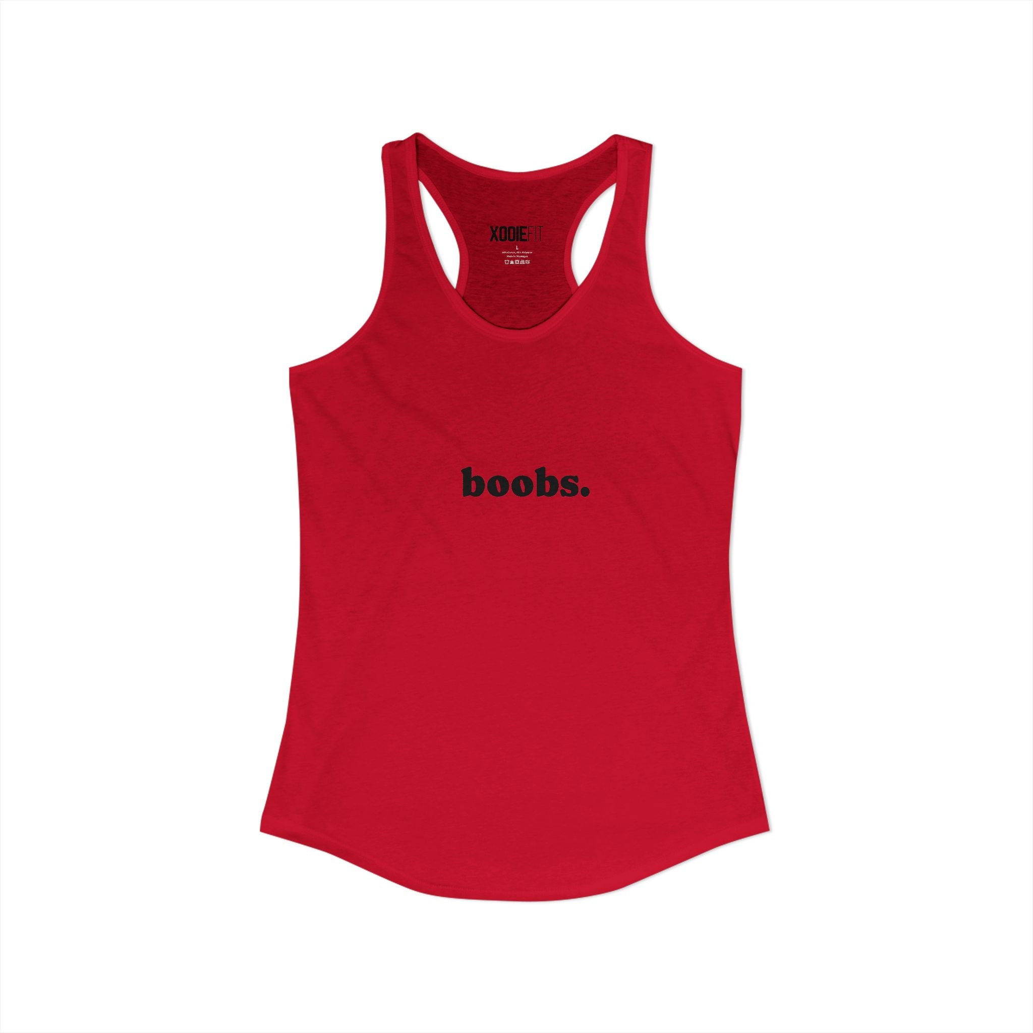 Women's red racerback tank top with "boobs." graphic print