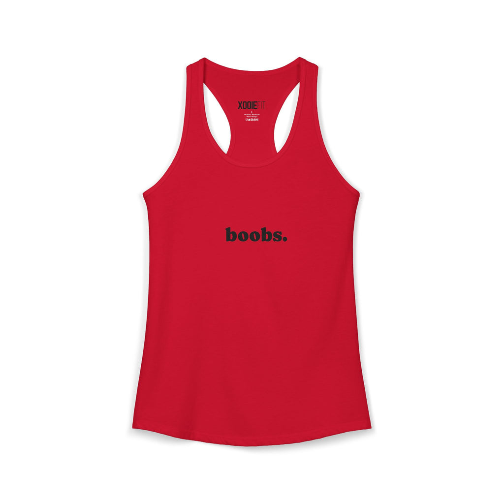 Red womens tank top featuring a bold black text graphic for a fun and stylish look