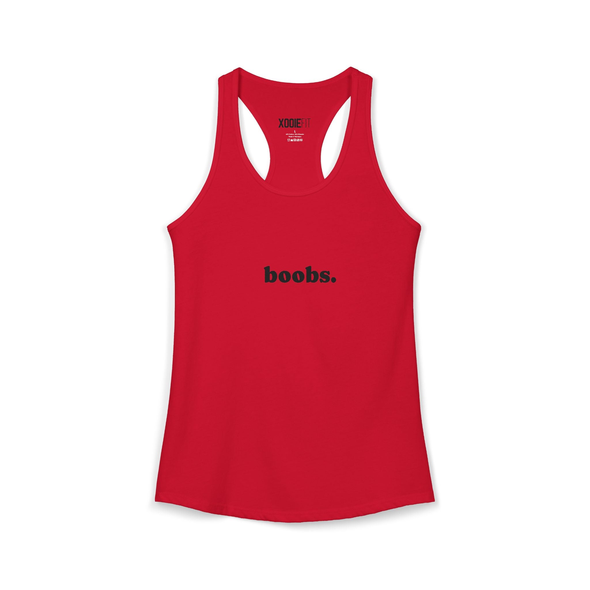 Red womens tank top featuring a bold black text graphic for a fun and stylish look