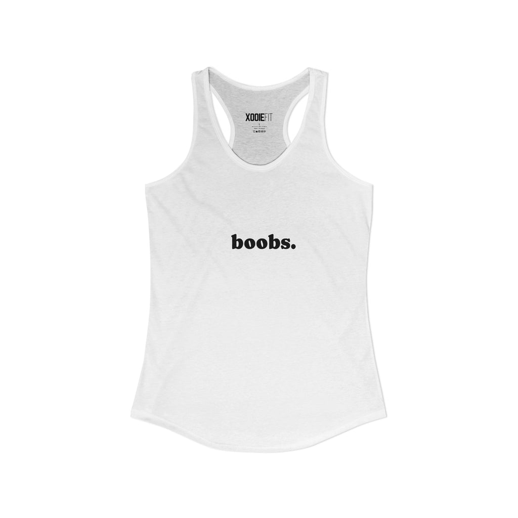 White womens tank top featuring bold text design with the word 'boobs.' for casual wear