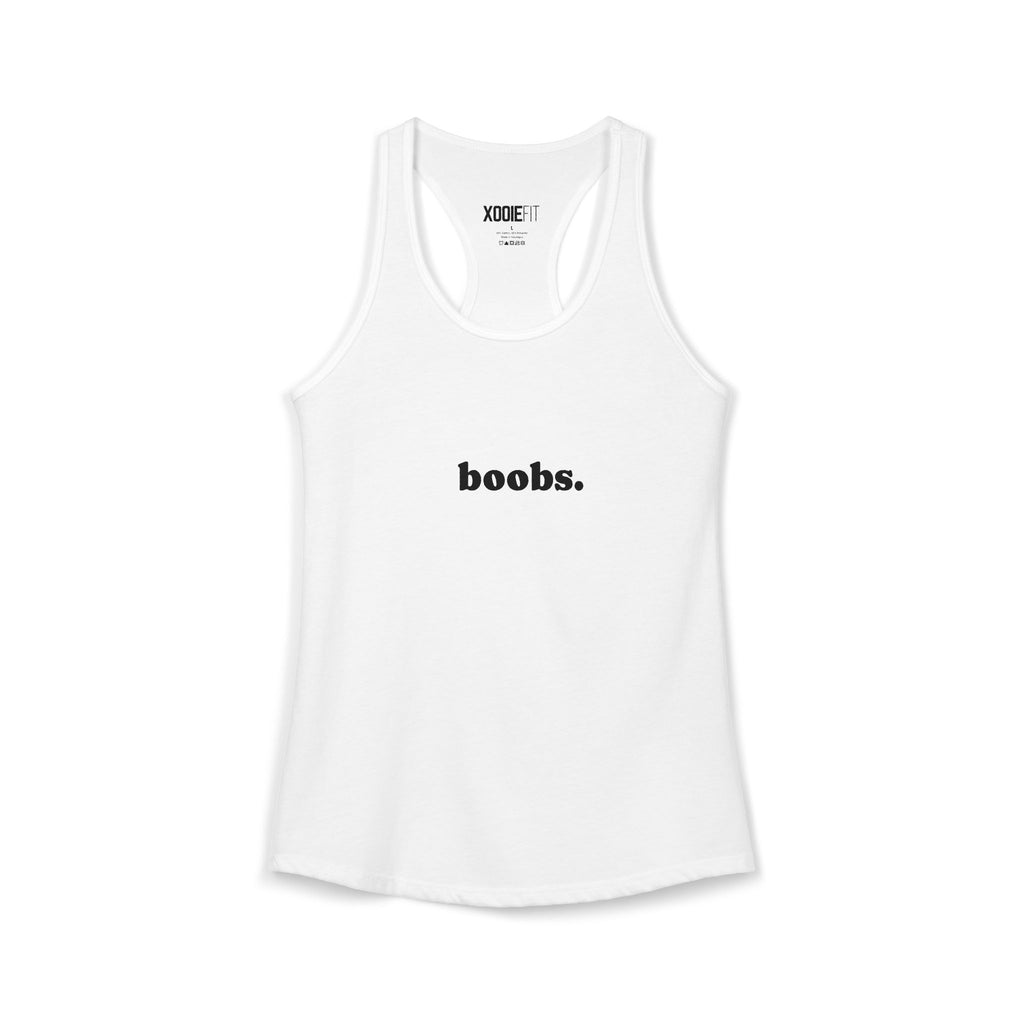 White womens tank top featuring the word 'boobs' in bold black letters