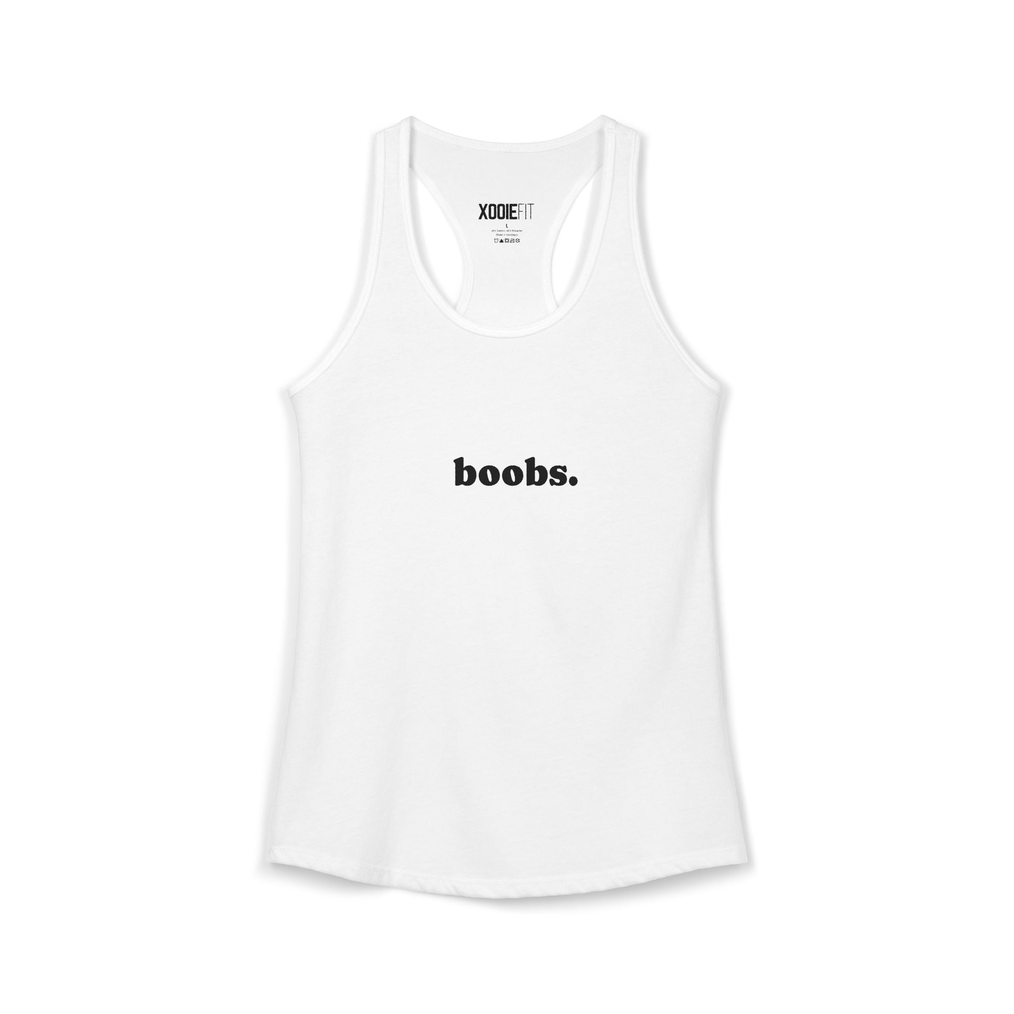 White womens tank top featuring the word 'boobs' in bold black letters