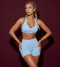 Crystal Blue sports bralette and high-waisted active shorts set, front view