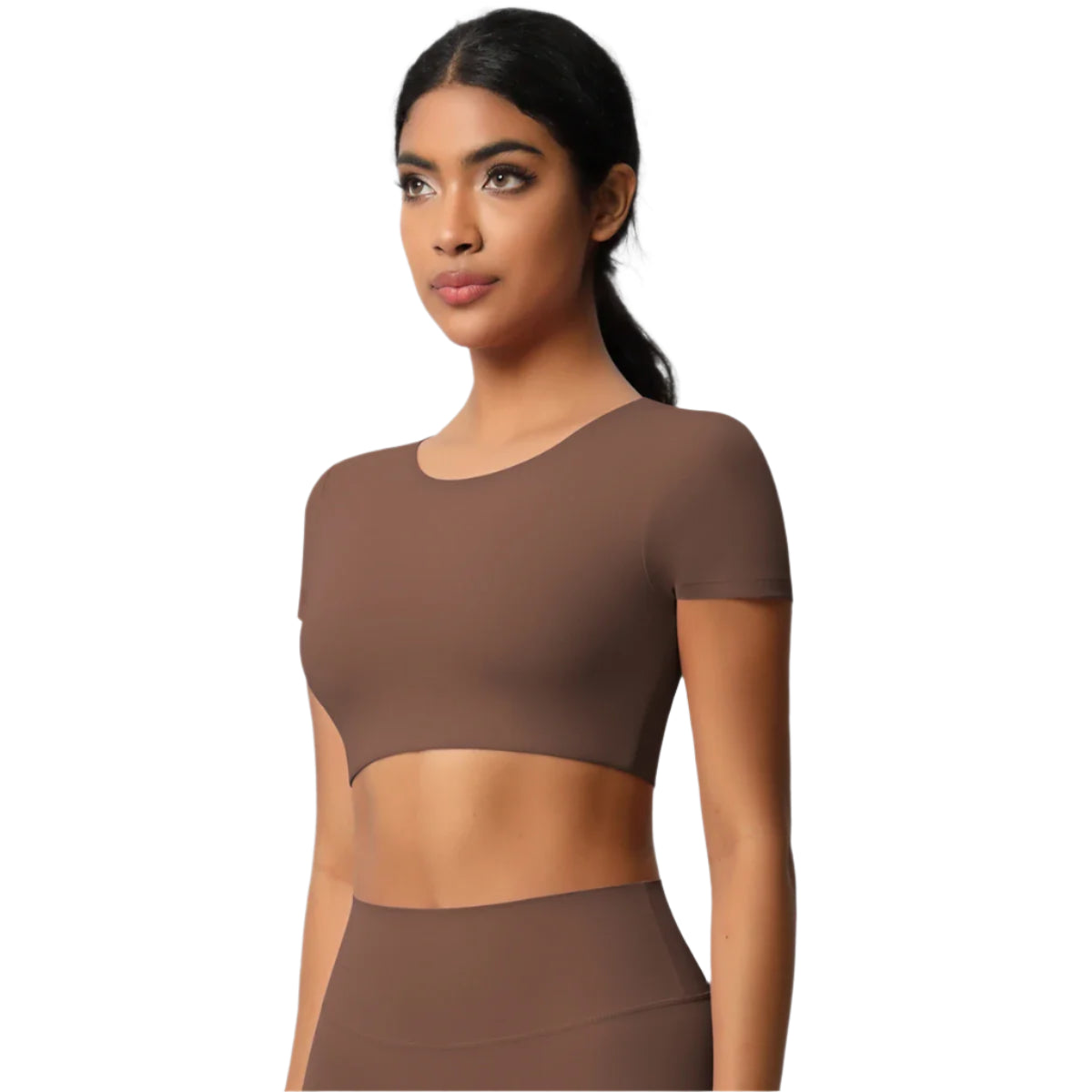 Xooie Fit Yoga Crop Top T-Shirt in Brown for Comfortable Stretch and Movement during Workouts