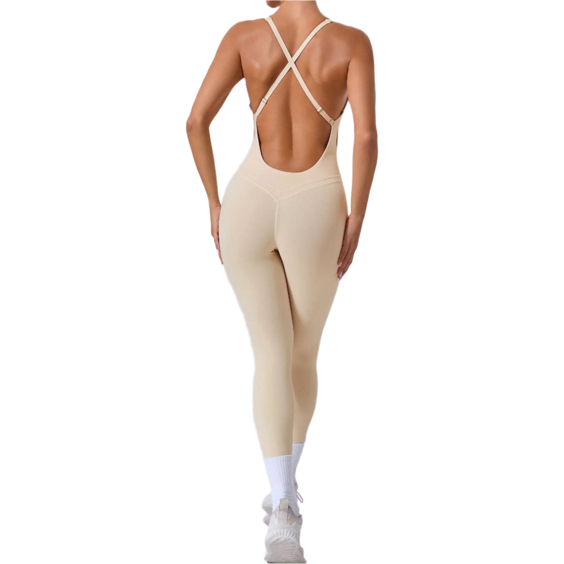 Xooie Fit yoga jumpsuit with back straps in nude color designed for comfort and flexibility