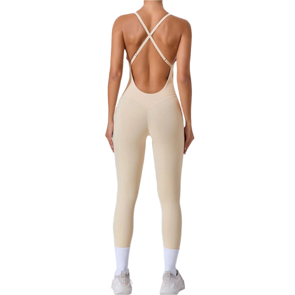 Xooie Fit yoga jumpsuit with back straps in beige, featuring a stylish open back design