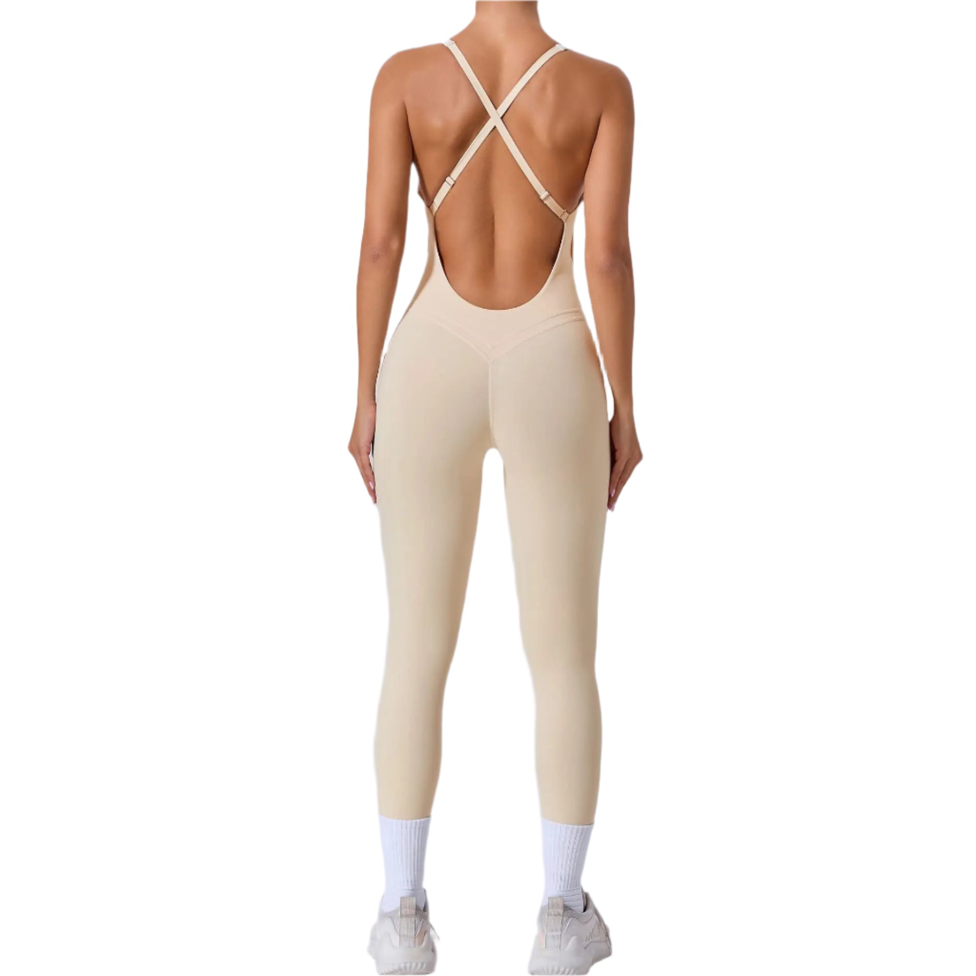 Xooie Fit yoga jumpsuit with back straps in beige, featuring a stylish open back design