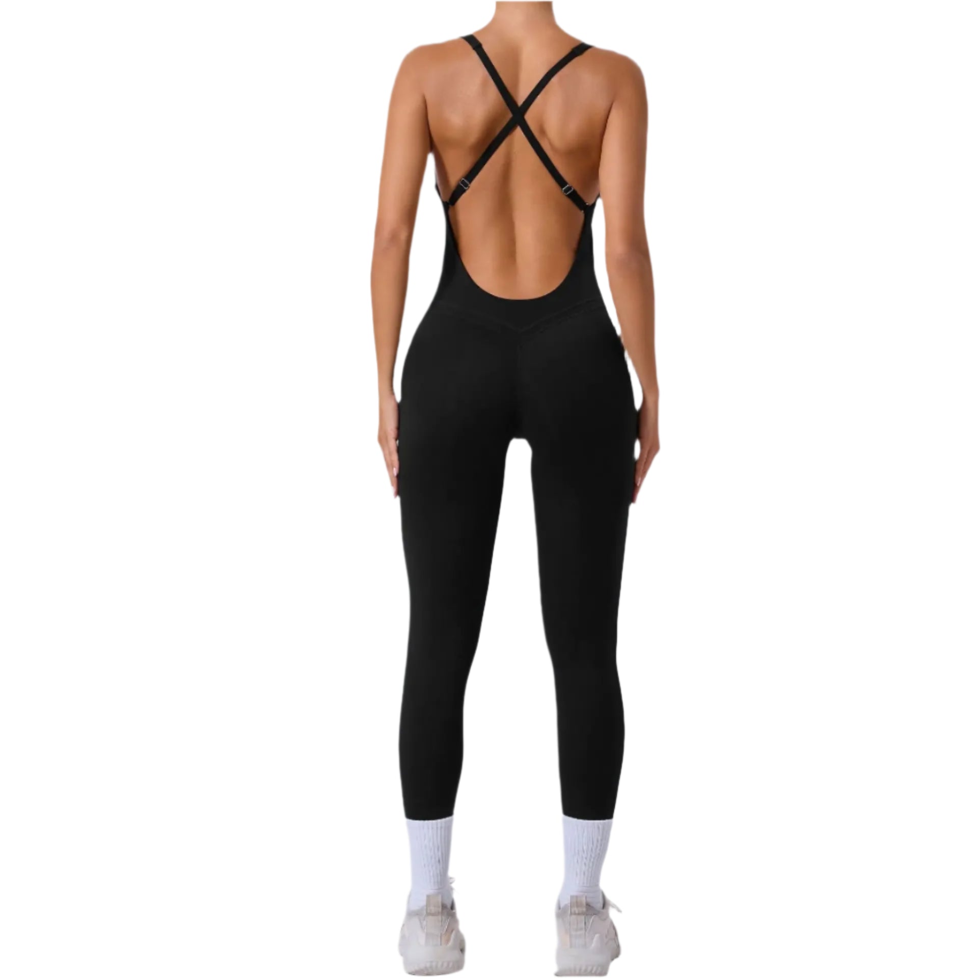 Xooie Fit yoga jumpsuit with back straps in black, featuring a trendy open back design