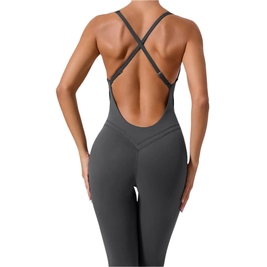 Stylish Xooie Fit yoga jumpsuit with back straps in a sleek design for comfortable workouts