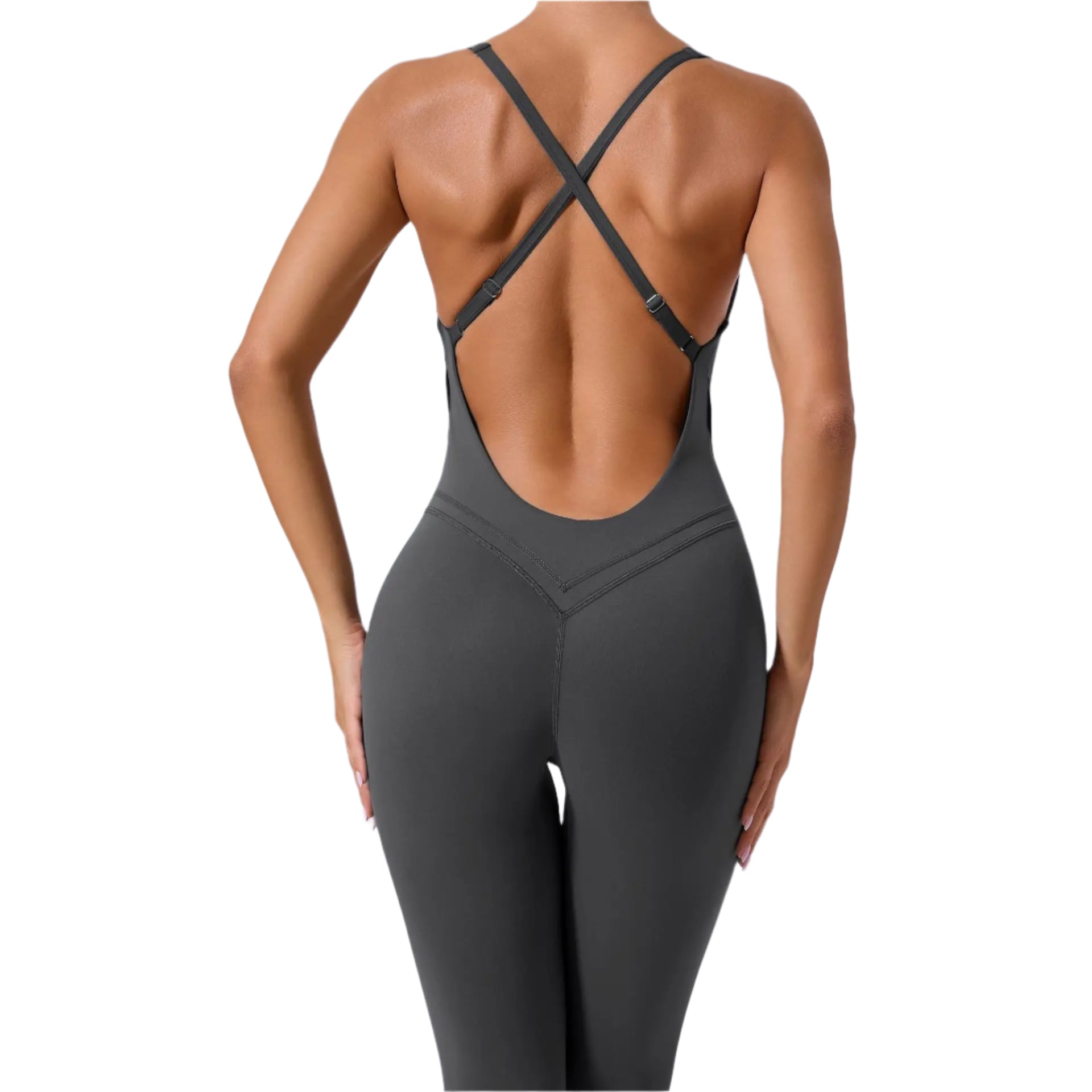 Stylish Xooie Fit yoga jumpsuit with back straps in a sleek design for comfortable workouts
