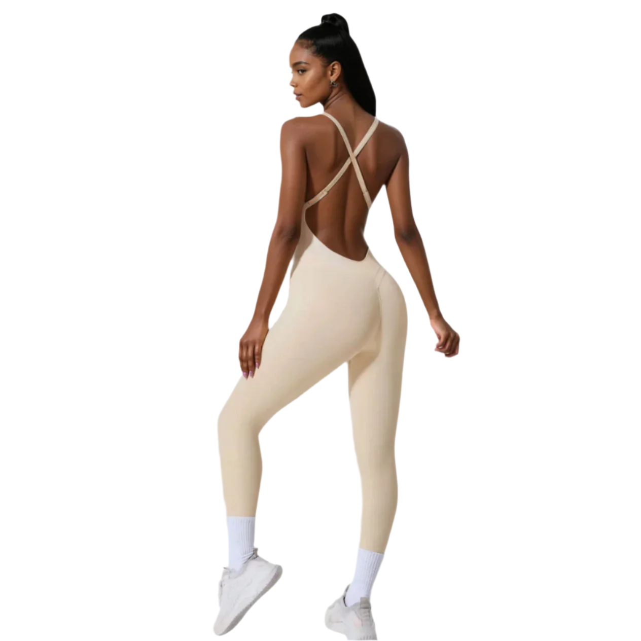 Xooie Fit yoga jumpsuit with back straps in beige, designed for comfort and flexibility during workouts