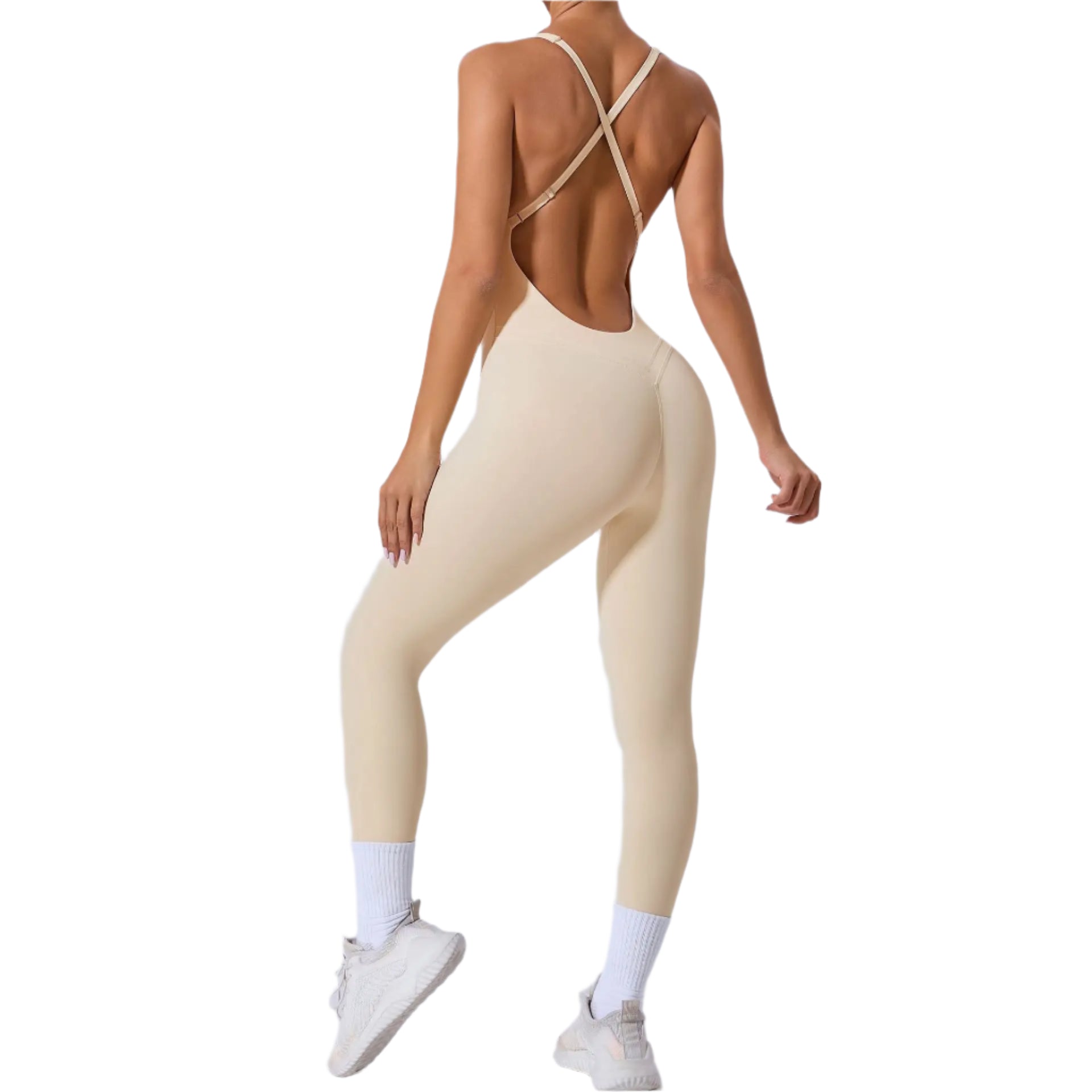 Xooie Fit yoga jumpsuit with back straps in beige for comfortable workouts and yoga sessions