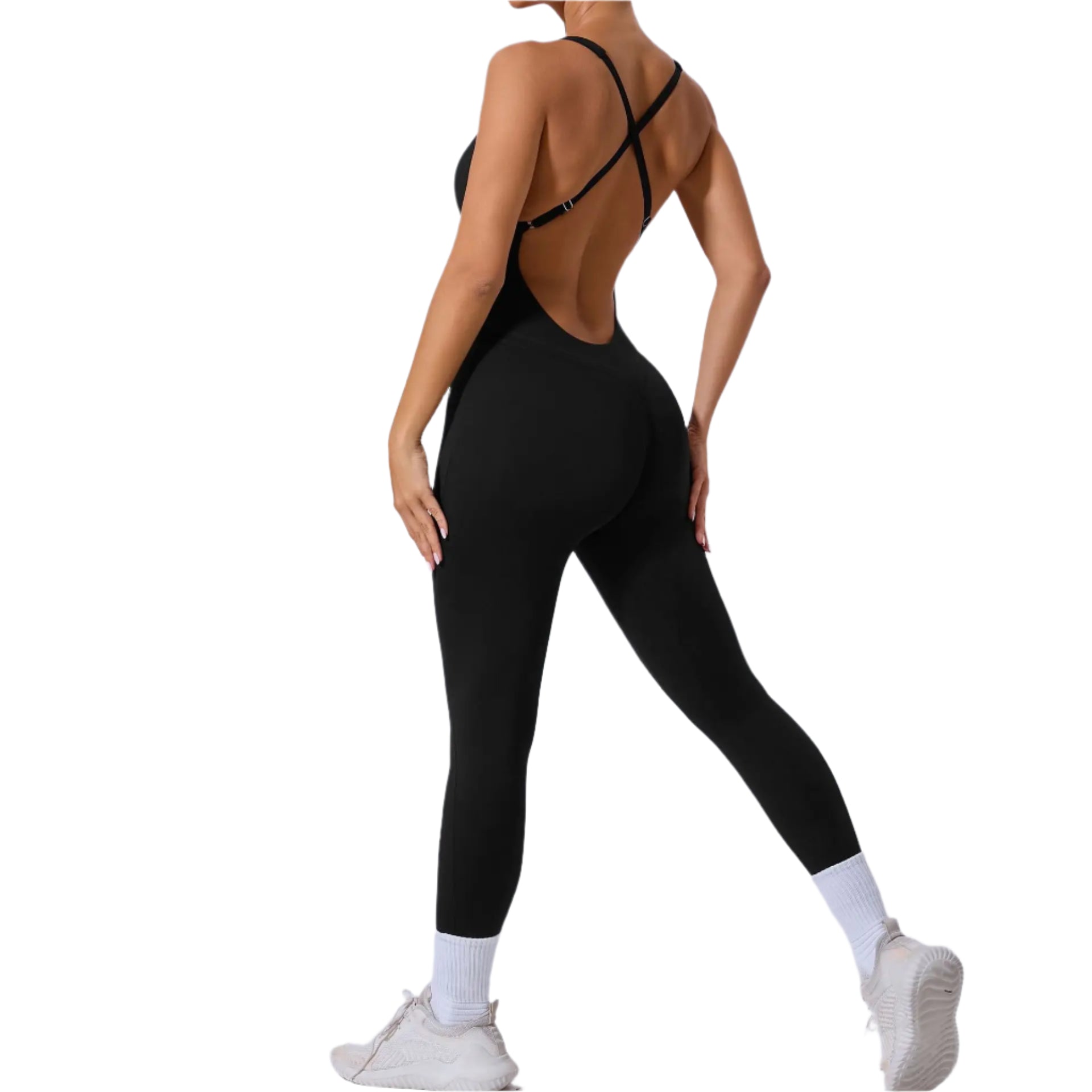 Black Xooie Fit yoga jumpsuit with back straps designed for flexibility and comfort during workouts