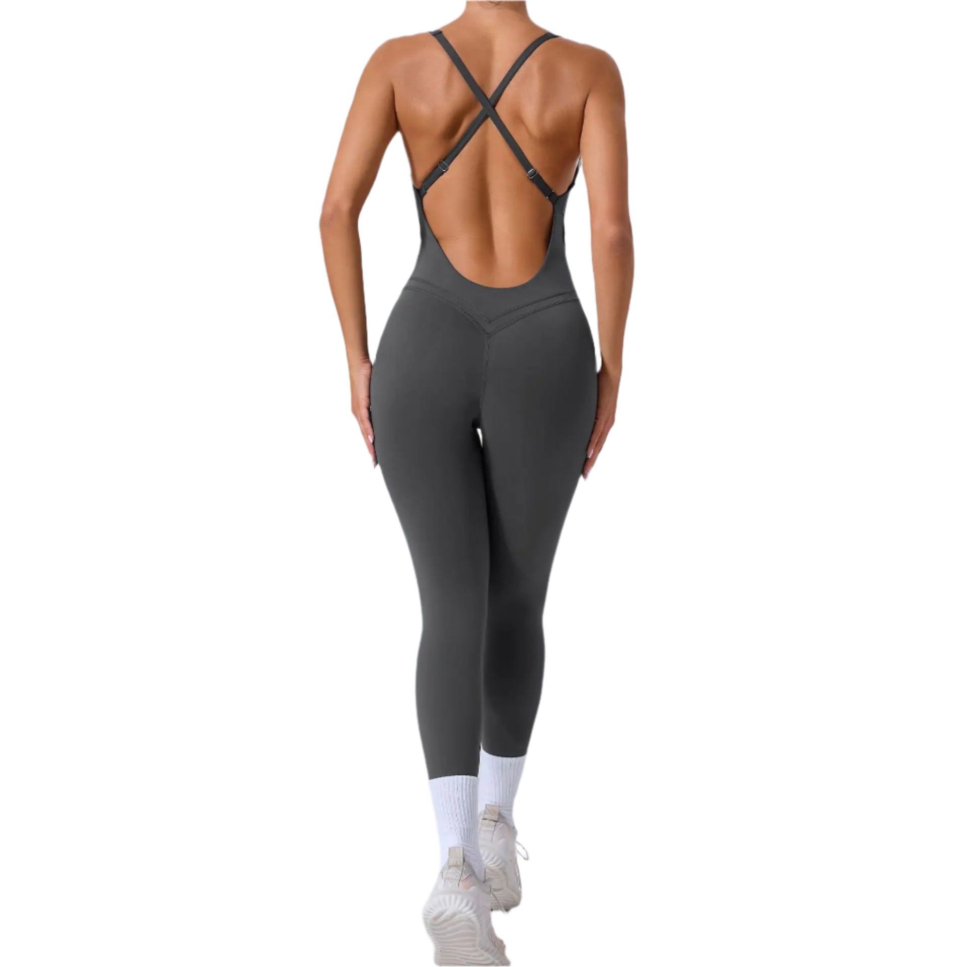 Xooie Fit yoga jumpsuit with back straps in gray, perfect for workouts and yoga sessions