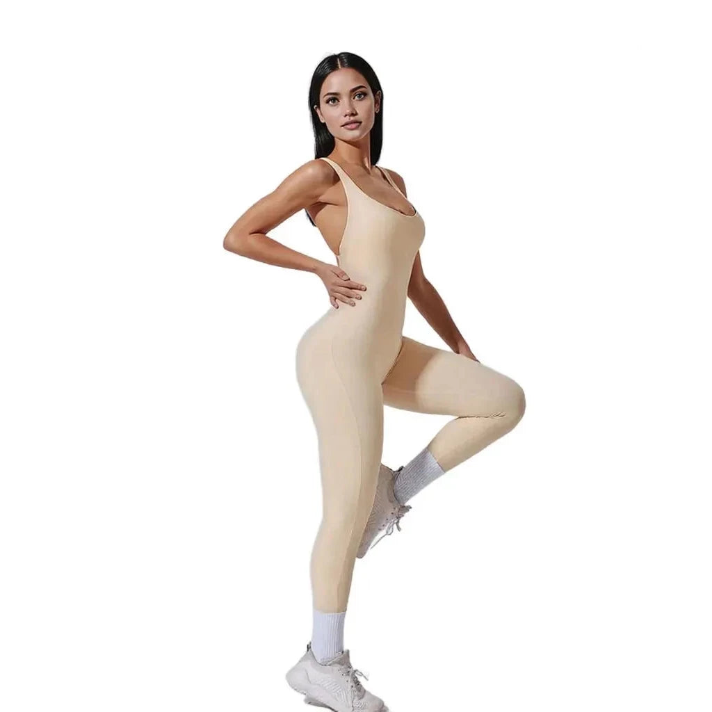 Xooie Fit yoga jumpsuit with back straps in beige, perfect for yoga and activewear enthusiasts