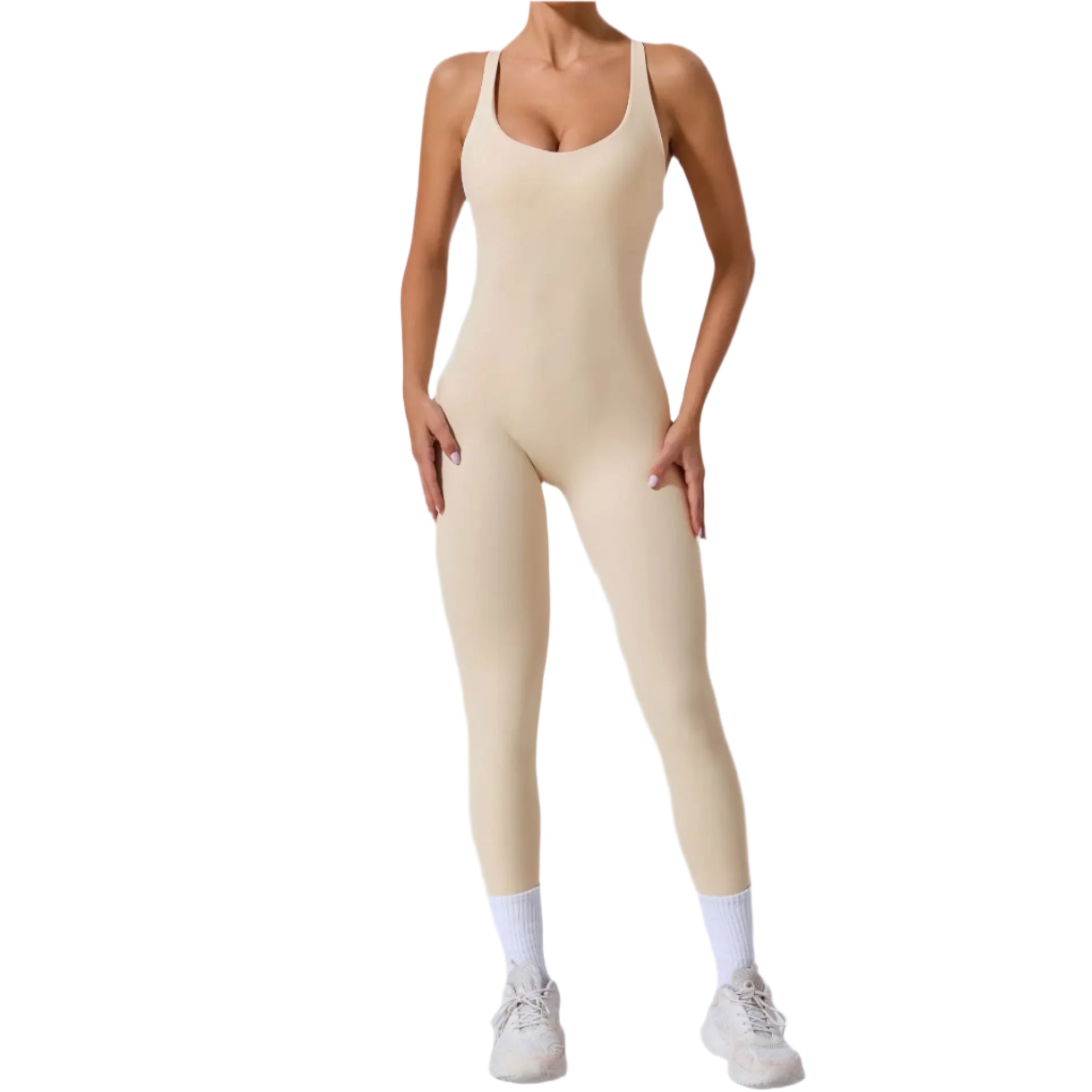 Xooie Fit yoga jumpsuit with back straps in beige, ideal for yoga and casual wear