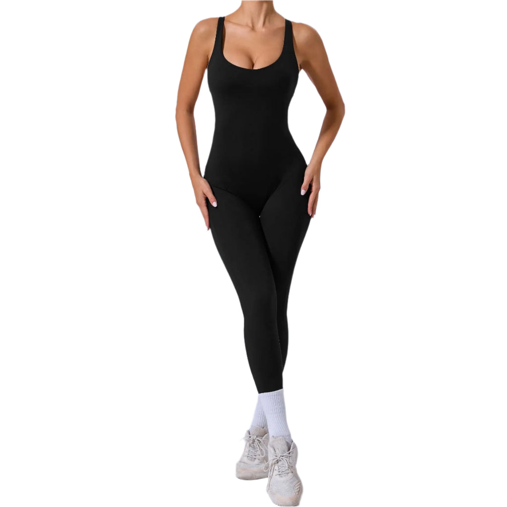 Black Xooie Fit yoga jumpsuit with back straps designed for comfort and flexibility