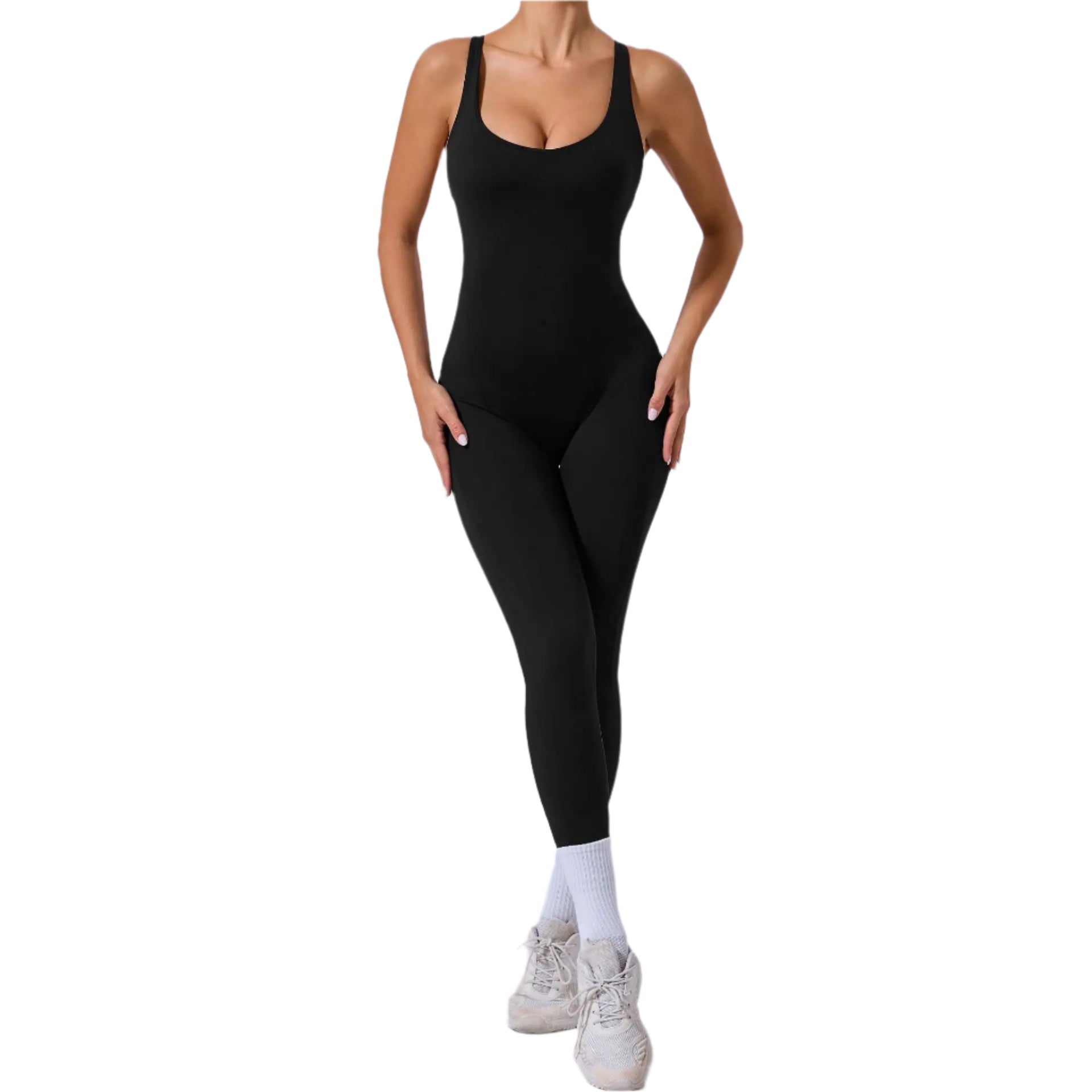 Black Xooie Fit yoga jumpsuit with back straps designed for comfort and flexibility