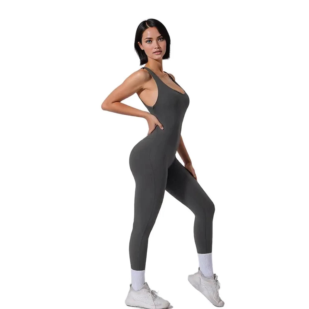 Xooie Fit yoga jumpsuit with back straps in dark gray for comfortable workouts and yoga sessions